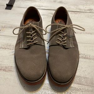 14th & UNIÓN light gray suede loafers, tan shoe laces, rubber soles. Size 8M.